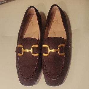 Time & Tru Faux Suede Dark Brown Loafers with Gold Detail